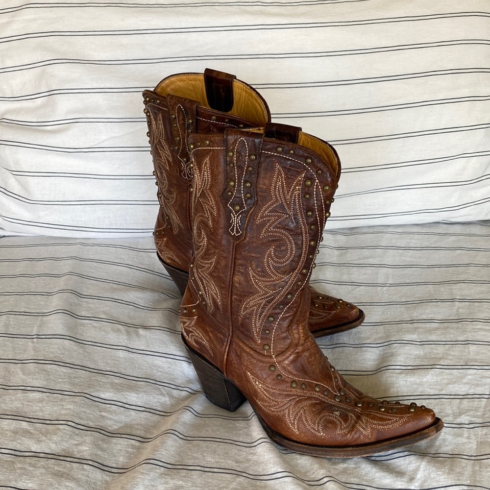 Old Gringo Brown Stud and Stitch Leather Cowboy Boots, Mid Ankle Height